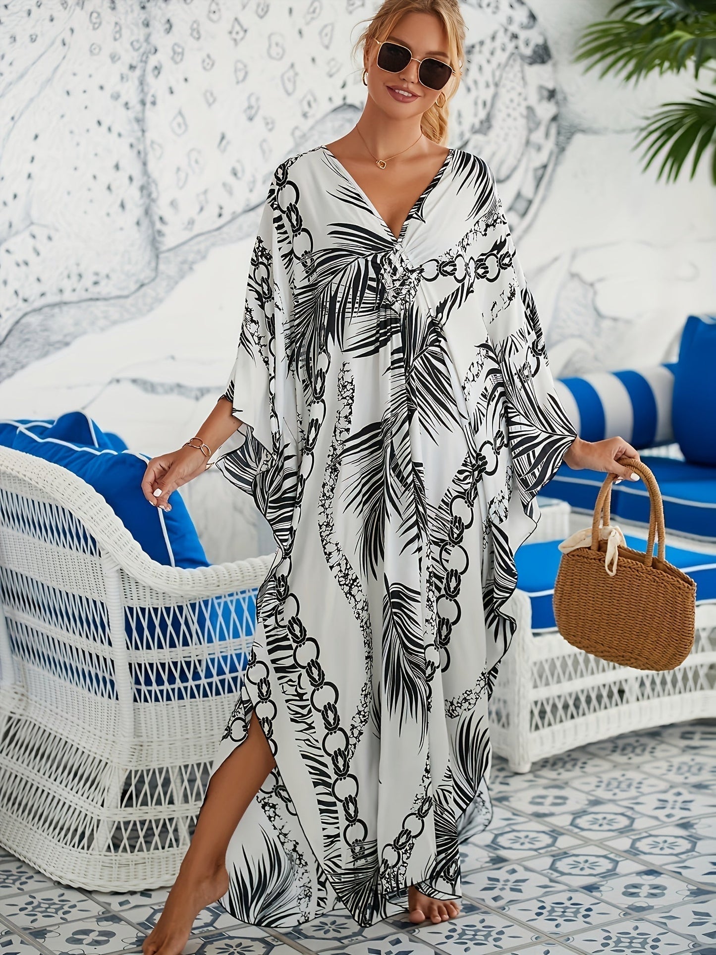 Erica™ - Monochrome Palm Print Dress